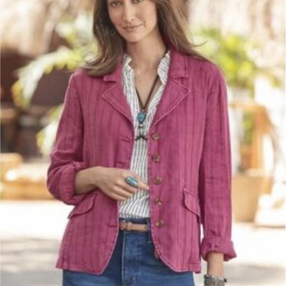 Sundance Linen Blend Raspberry Pinstripes XS Blazer Lightweight Lagenlook Boho